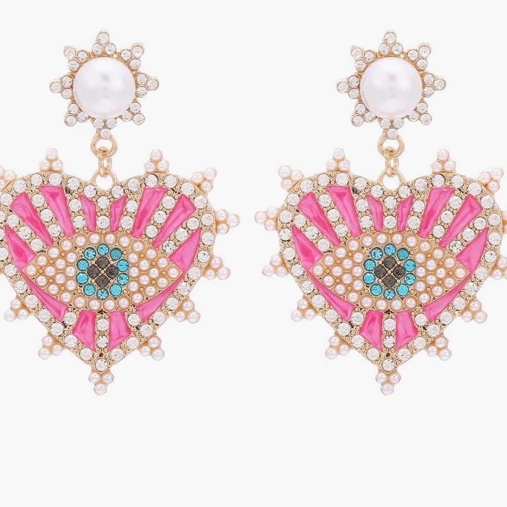 Evil Eye Heart Earrings with pearls and rhinestones pink gold …